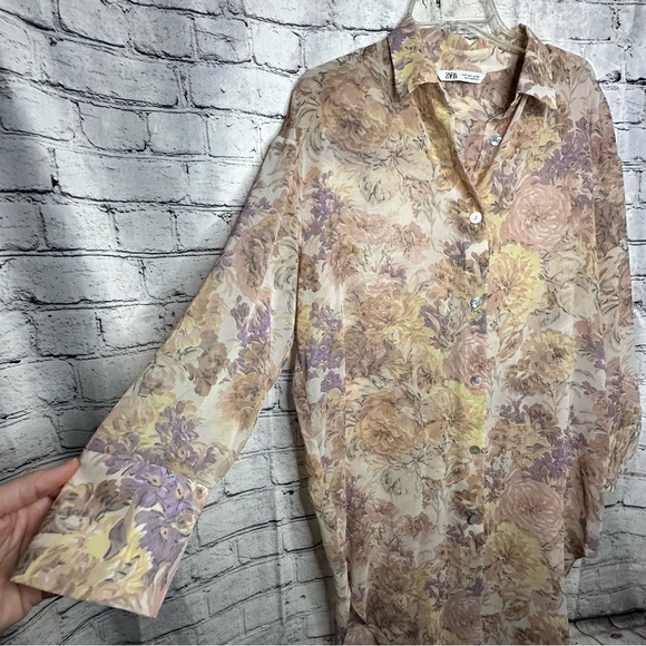 Zara Printed Long Sleeve Shirt Button Down Tunic Dress Sheer Floral Small - Picture 6 of 9